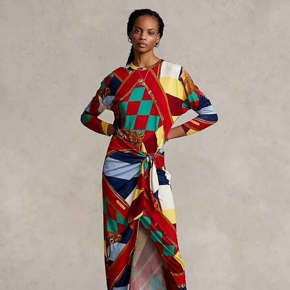 NWT Polo Ralph Lauren Scarf-Print Long-Sleeve Wrap Maxi Dress Sz S Red #2H461